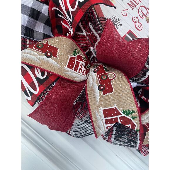 Merry & Bright Barn Christmas Wreath • Red Truck Farmhouse Holiday Door Decor - Picture 3 of 7